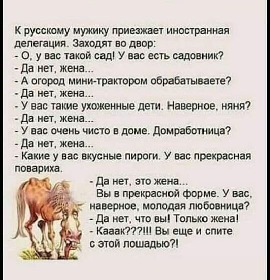 К русскому мужику приезжает иностранная делегация Заходят во двор 0 у вас такой сад У вас есть садовник Да нет жена А огород мини трактором обрабатываете Да нет жена У нас такие ухоженные дети Наверное няня Да нет жена У вас очень чисто в доме домрабптница Да нет жена Какие у вас вкусные пироги У вас прекрасная повариха Да нет это жена Вы в прекрасной форме У вас наверное молодая любовница Да нет 