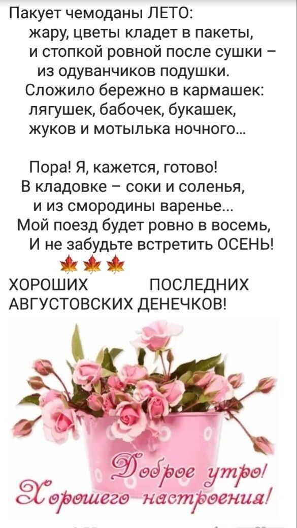 Пакует чемоданы ЛЕТО жару цветы кладет в пакеты и стопкой ровной после сушки из одуванчиков подушки Сложило бережно в кармашек лягушек бабочек букашек жуков и мотылька ночного Пора Я кажется готово В кладовке соки и соленья и из смородины варенье Мой поезд будет ровно в восемь И не забудьте встретить ОСЕНЬ ХОРОШИХ ПОСЛЕДНИХ АВГУСТОВСКИХ дЕНЕЧКОВ Иудеетоутрв асеЬвшёгв наетвогнал