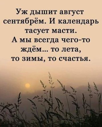 Уж дышит август сентябрём И календарь тасует масти А мы всегда чего то ждём то лета ТО ЗИМЫ ТО счастья