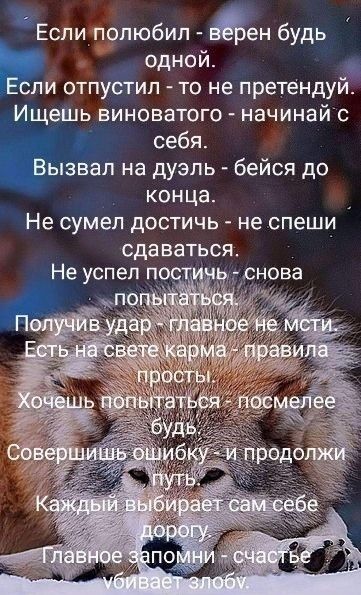Если полюбил въен будь Т одной Если отпустил то не претендуй Ищешь виноватого начинай с себя Вызвал на дуэль бейся до конца Не сумел достичь не спеши сдаваться