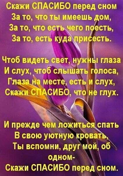 Скажи СПАСИБО перед сном За то что Щ имеешь ом Зато что гоп есть За то есть куд Чтоб видеть свет и ж Читал Ислух чтеЁслышзіт г лоса местееттьци слух ____ сиво чт И прежде чем ложілтъ спать В свою уютную кВоват Ты вспомни дРУг мой об одном Скажи СПАСИБО перед сном