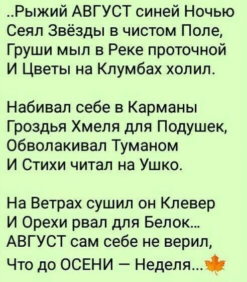 Рыжий АВГУСТ синей Ночью Сеял Звёзды в чистом Поле Груши мыл в Реке проточной И Цветы на Клумбах холил Набивал себе в Карманы Гроздья Хмеля для Подушек Обволакивал Туманом И Стихи читал на Ушко На Ветрах сушил он Клевер И Орехи рвал для Белок АВГУСТ сам себе не верил Что до ОСЕНИ Неделя