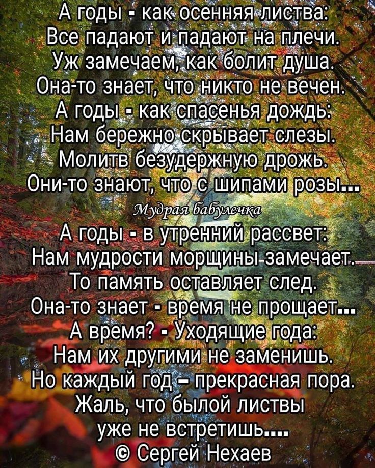 А годы в утре енний рассве Нам мудрости морщинь То память след Она то знает ЁБемя непроща А время Йо дядцие год Н_ам иХ други йЪне замени Но каждый год прекрасная п0ра Жаль что Ёбылой листвы уже не Встретишь Седгей Нехаев