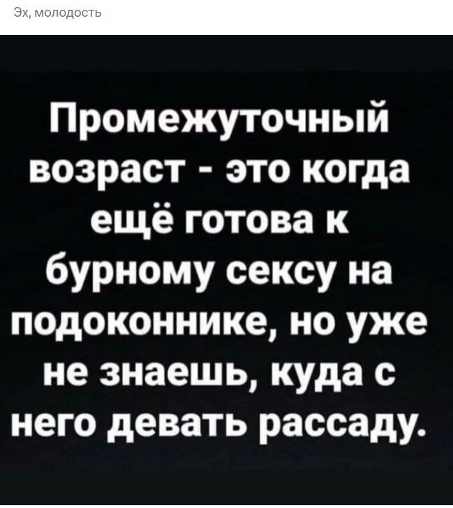 Промежуточный возраст это когда ещё готова к бурному сексу на подоконнике но уже не знаешь куда с него девать рассаду