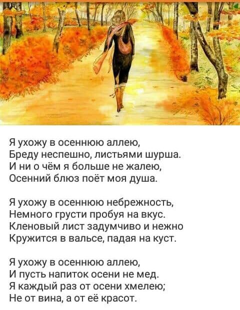 Я ухожу в осеннюю аллею Бреду неспешно листьями шурша И ни о чём я больше не жалею Осенний блюз поёт моя душа Я ухожу в осеннюю небрежность Немного грусти пробуя на вкус Кленовый лист задумчиво и нежно Кружится в вальсе падая на куст Я ухожу в осеннюю аллею И пусть напиток осени не мед Я каждый раз от осени мепею Не от вина а от её красот