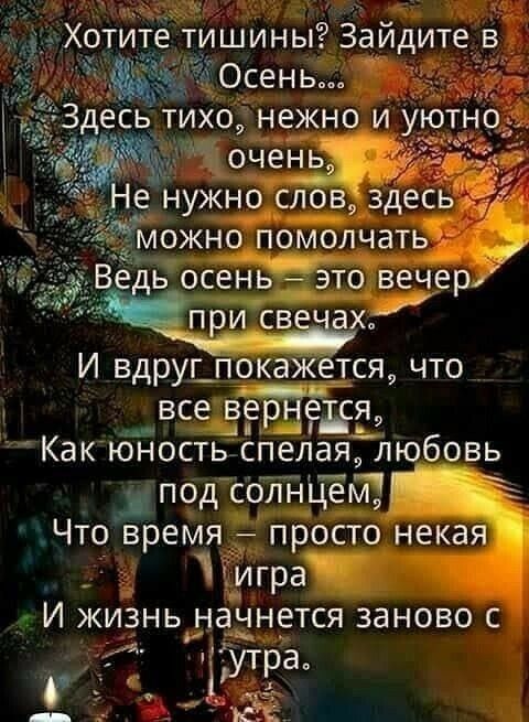 Хоти е тишины Зайдите в 5Ошны Здесьтихо нежноклуютно очень Не нужно слов здесь 74 можно помолчать Ведь осеньэто вечер при св е ах И вдруг_ покажется что все вернёдя Как юность спелая любовь _ под солНцемЁГ Что время просто некая игра И ЖИЗНЬ НЭЧНЕТСЯ ЗЗНОВО С уітра