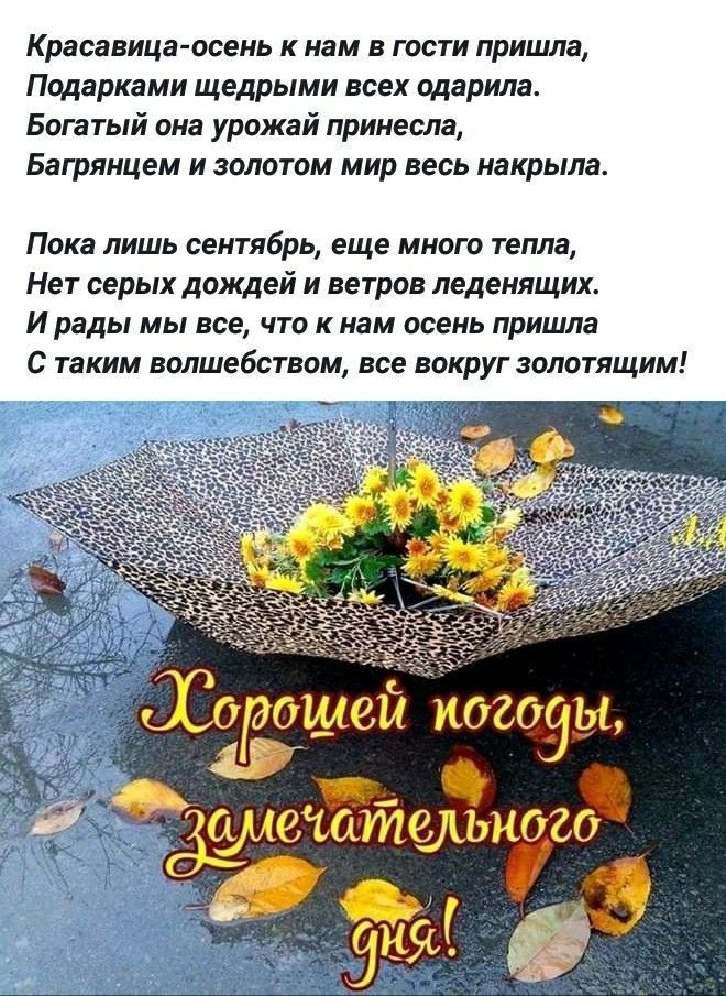 Красавица осень к нам в гости пришла Подарками щедрыми всех одарила Богатый она урожай принесла Багрянцем и золотом мир весь накрыла Пока лишь сентябрь еще много тепла Нет серых дождей и ветров леденящих И рады мы все что к нам осень пришла с таким волшебством все вокруг золотящим