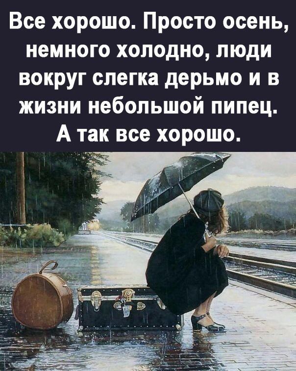Все хорошо Просто осень немного холодно люди вокруг слегка дерьмо и в жизни небольшой пипец А так все хорошо