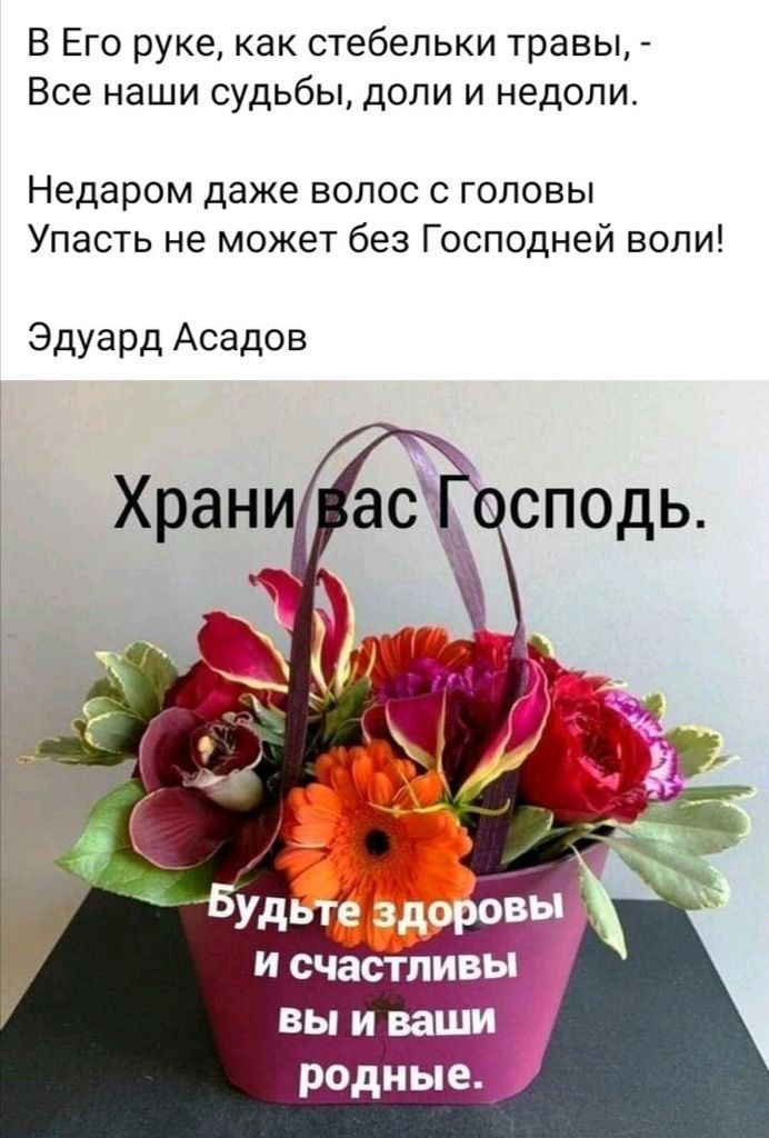 В Его руке как стебельки травы Все наши судьбы доли и недели Недаром даже волос с головы Упасть не может без Господней воли Эдуард Асадов родные
