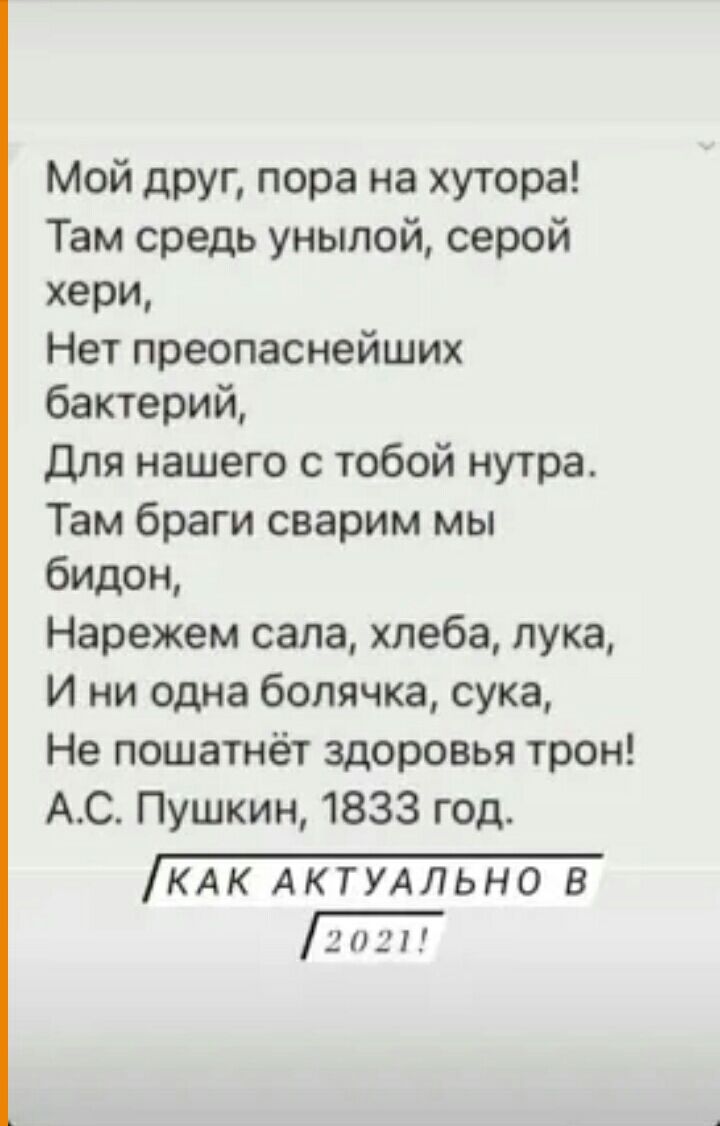 Мой друг пора на хутора Там средь унылой серой хери Нет преопаснейших бактерий Для нашего с тобой нутра Там браги сварим мы бидон Нарежем сапа хлеба лука И ни одна болячка сука Не пошатнёт здоровья трон АС Пушкин 1833 год КАК АКТУАЛЬНО В 021