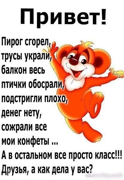 Привет Пирогсгорел _ трусы украли А 03 балкон весь к птички обосралиру _ подстригли плохо денег нету сожрали все моиконфеты А в остальном все просто класс друзья а как дела у вас