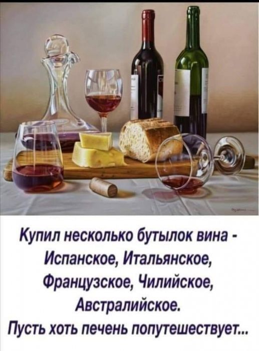 Купил несколько бутылок вина Испанское Итальянское Французское Чилийское Австралийское Пусть хоть печень попутешествует
