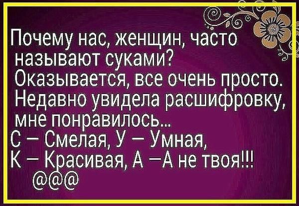 Почему нас женщин часто ЁЁ называют суками Оказывается Все очень ПРОСТО Недавно увидела расшифровку мне понравилось С Смелая У Умная К К асивая А А не твоя