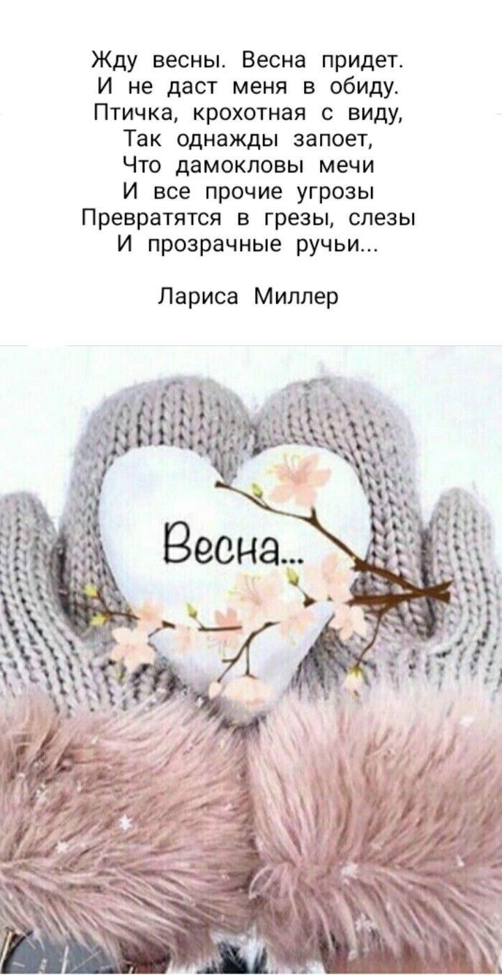 Жду весны Весна придет И не даст меня в обиду Птичка крохотная с виду Так однажды запоет Что дамокловы мечи И все прочие угрозы Превратятся в грезы слезы И прозрачные ручьи Лариса Миллер