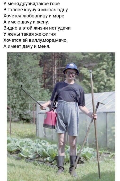 У менядрузьядакое горе В голове кручу я мысль одну Хочется любовницу и море А имею дачу и жену Видно этой жизни нет удачи У жены такая же фигня хочется ей виллуморемачо А имеет дачу и меня