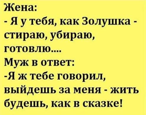 Жена Я у тебя как Золушка стираю убираю готовлю Муж в ответ Я ж тебе говорил выйдешь за меня жить будешь как в сказке