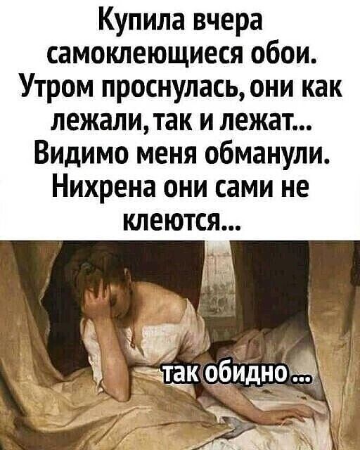 Купила вчера самоклеющиеся обои Утром проснулась они как лежали так и лежат Видимо меня обманули Нихрена они сами не клеются