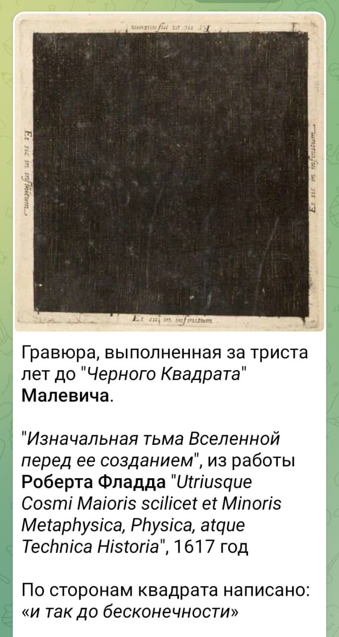 Гравюра выполненная за триста лет до Черного Квадрата Малевича Изначальная тьма Вселенной перед ее созданием из работы Роберта Фладда Шгіизоие Созті Маіогіз эсііісеі ег Міпопэ Мегарпузіса Ртузіса аічие Тесппіса Нізюта 1617 год По сторонам квадрата написано и так до бесконечности