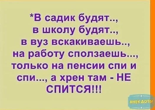 В садик будят в школу будят в вуз вскакиваешь на работу сползаешь только на пенсии спи и спи а хрен там НЕ СПИТСЯ