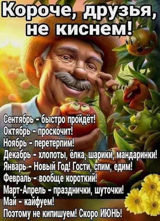 Кброче друвя так Сентябрь быстро пройдёт Сктябрмгтроокочит Ноябрь перетерпии декабрь хлопоты ёлка шариКиТиаидаринки Яиварь Новыи Гор Гости спим едим Фенраль вообще короткий Март Апрель празднички шуточки Май иайфуеи Поэтому не кипишуеи Скоро ИЮНЬ