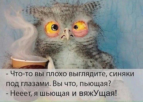 ЧТО ТО ВЫ ПЛОХО ВЫГПЯДИТЕ СИНЯКИ под глазами Вы что пьющая Нееет я шьющая и вяжУщая