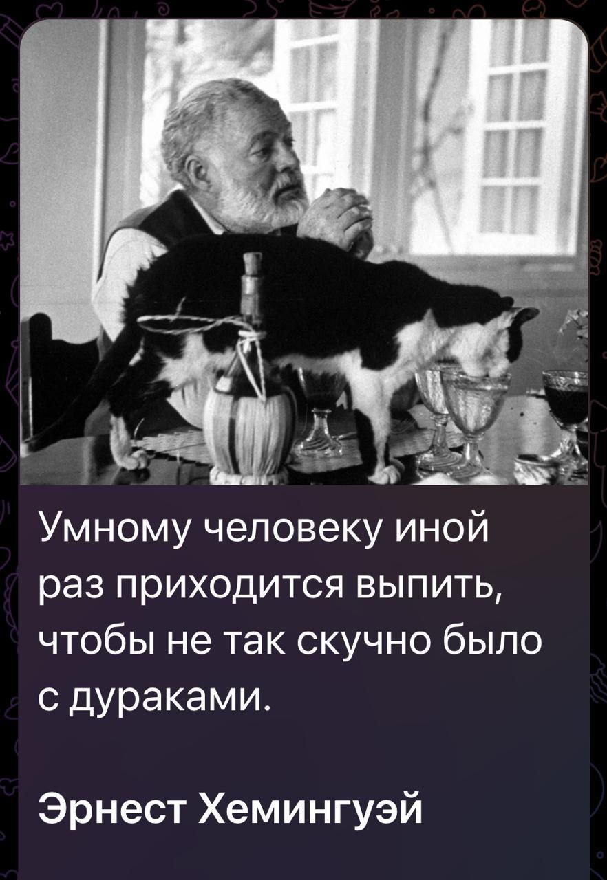 Умному человеку иной раз приходится выпить чтобы не так скучно было с дураками Эрнест Хемингуэй