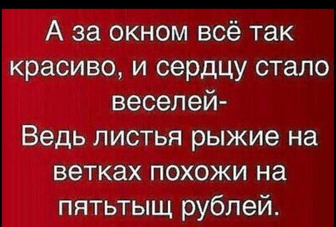 А за окном всё так красиво и сердцу стало веселей Ведь листья рыжие на ветках похожи на пятьтыщ рублей