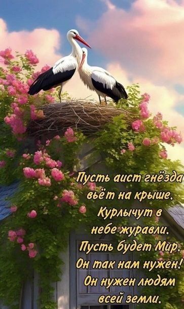 Пусть аист гнездо вьёт на крыше.
Курлычут в небе журавли.
Пусть будет Мир!
Он так нам нужен!
Он нужен людям всей земли.