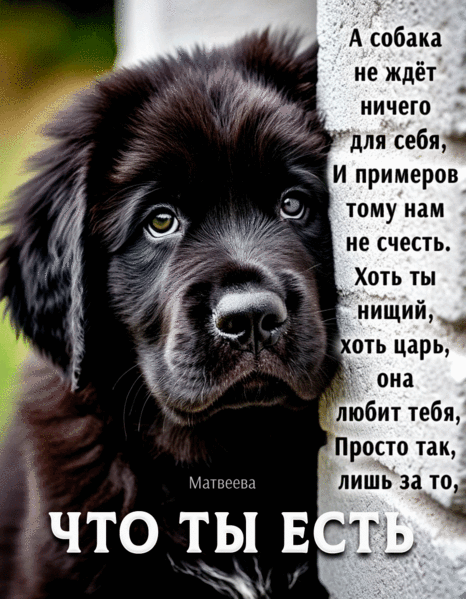 А собака не ждёт ничего для себя,
И примеров тому нам не счесть.
Хотя ты нищий, хотя царь,
она любит тебя,
Просто так, лишь за то,
ЧТО ТЫ ЕСТЬ.