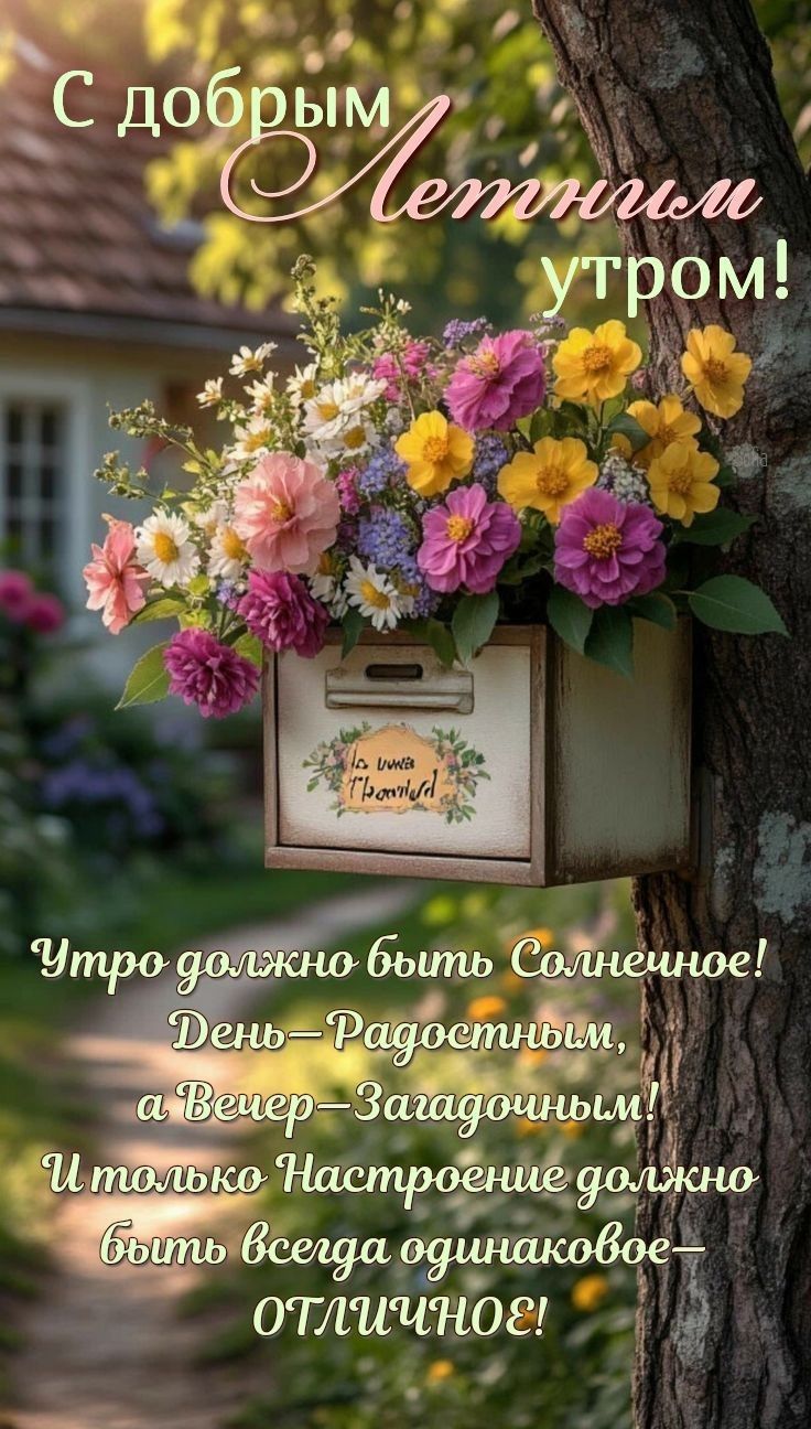 С добрым Летним утром! Утро должно быть Солнечное! День—Радостным, а Вечер—Загадочным! И только Настроение должно быть всегда одинаковое— ОТЛИЧНОЕ!