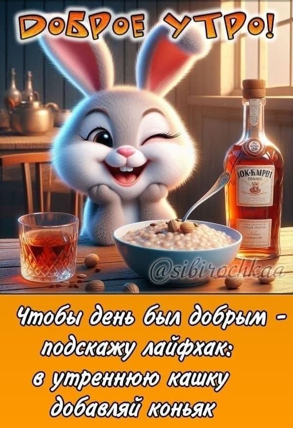 ДОБРОЕ УТРО!
Чтобы день был добрым - подскажу лайфхак: в утреннюю кашку добавляй коньяк.