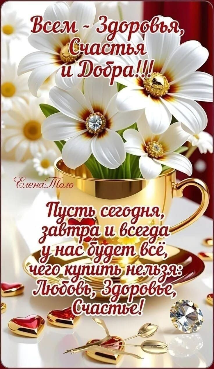 Всем - Здоровья, Счастья и Добра!!!
Пусть сегодня, завтра и всегда у нас будет все, чего купить нельзя: Любовь, Здоровье, Счастье!