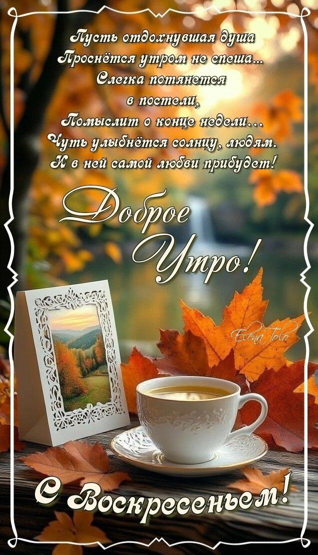 Пусть отдохнувшая душа Проснётся утром не спеша... Слегка потянется в постели, Подумсит о конце недели... Чуть улыбнётся солнцу, людям. И в ней самой любви прибудет!
Доброе Утро!
С Воскресеньем!