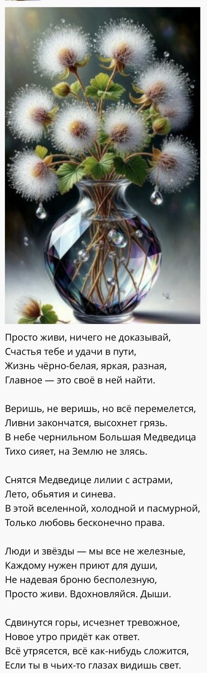 Просто живи, ничего не доказывай,
Счастья тебе и удачи в пути,
Жизнь чёрно-белая, яркая, разная,
Главное — это своё в ней найти.

Веришь, не веришь, но всё перемелется,
Ливни закончятся, высохнет грязь.
В небе чернильном Большая Медведица
Тихо сияет, на Землю не злясь.

Сняться Медведице лилии с астрами,
Лето, объятия и синева.
В этой вселенной, холодной и пасмурной,
Только любовь бесконечно права.

Люди и звёзды — мы все не железные,
Каждому нужен приют для души,
Не надевая броню бесполезную,
Просто живи. Вдохновляйся. Дыши.

Сдвинутся горы, исчезнет тревожное,
Новое утро придёт как ответ.
Если устанешь, всё как-нибудь сложится,
Если ты в сердце глаза будешь светить.