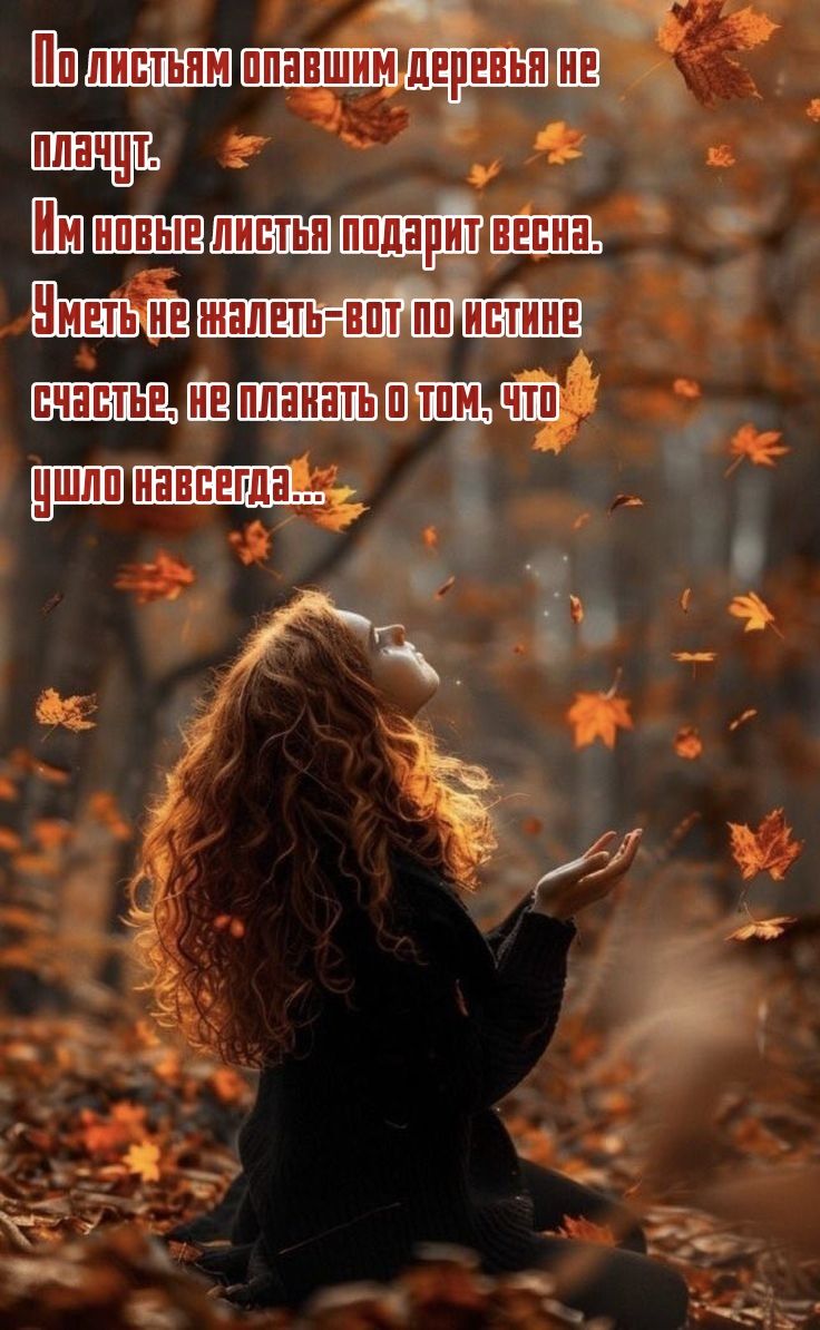По листьям опавшим деревья не плачут.
Им новые листья подарит весна.
Уметь не жалеть- вот по истине счастье, не плакать о том, что ушло навсегда...