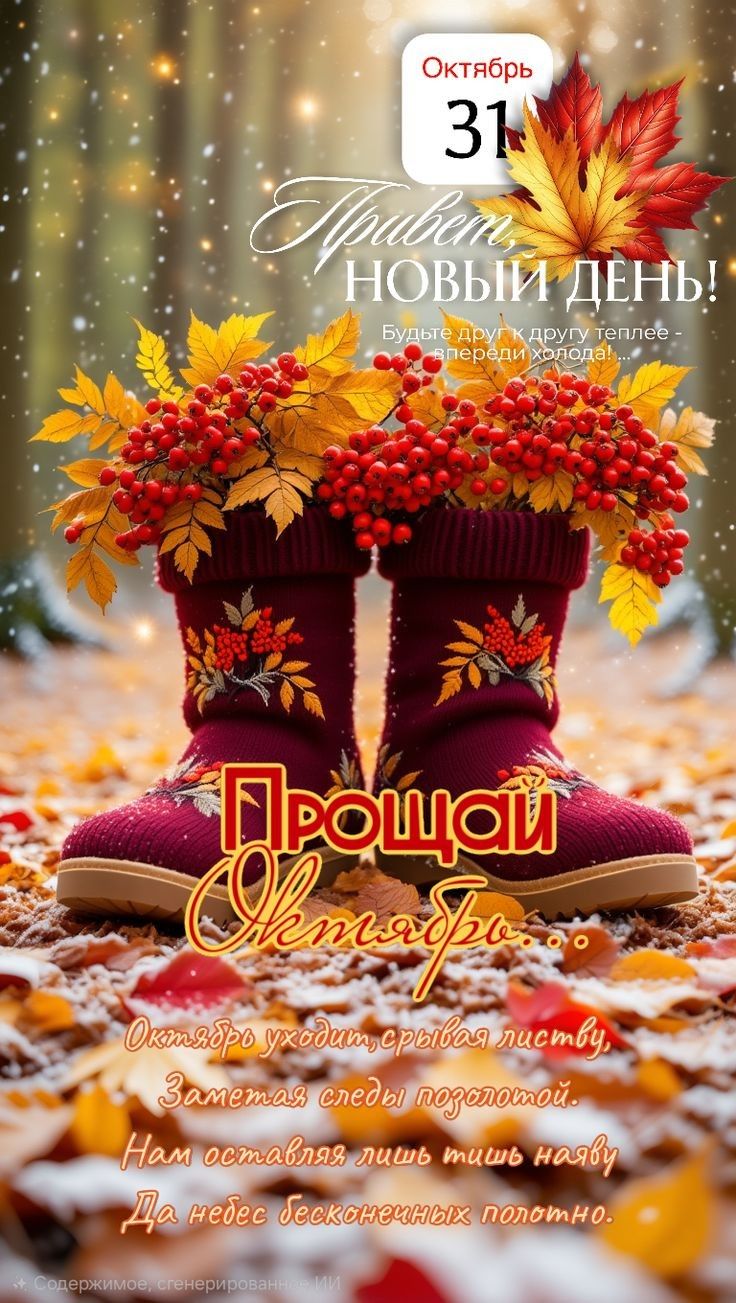Октябрь 31
Привет Новый день!
Будьте друг другу теплее - впереди холод!
Прощай Октябрь
Октябрь уходит, листья опадают, следы позабыты...
