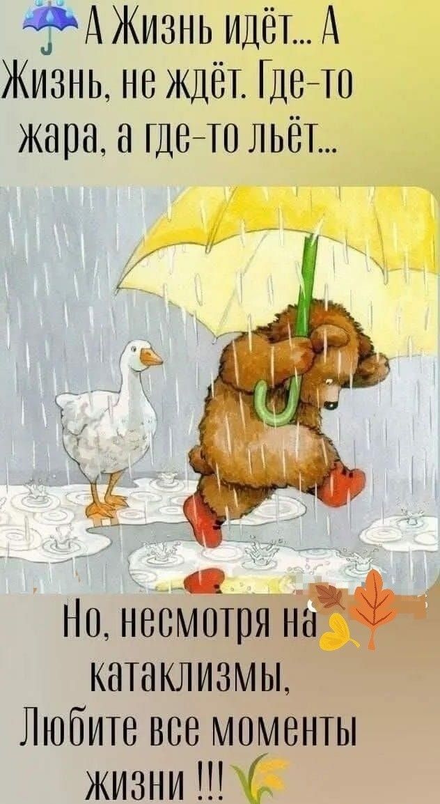 А жизнь идёт... А жизнь, не ждёт. Где-то жара, а где-то льёт... Но, несмотря на катаклизмы, Любите все моменты жизни !!!