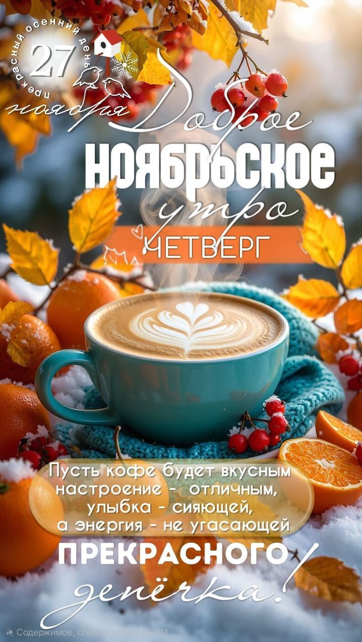Доброе ноябрьское утро. Четверг. Пусть кофе будет вкусным настроение — отличным, улыбка — сияющей, а энергия — не угасующей. Прекрасного денёчка!