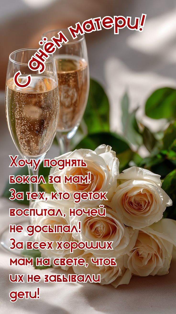 С днём матери! Хочу поднять бокал за мам! За тех, кто деток воспитал, ночей не досыпал! За всех хороших мам на свете, чтобы их не забывали дети!