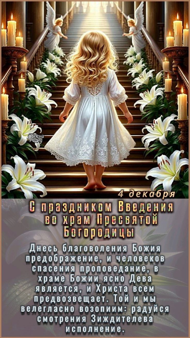 4 декабря С праздником Введения во храм Пресвятой Богородицы. Сегодня благоволение Божие, предобразование, и человеческое спасение проповедано. В храме Божиe ясно Дева является, и Христa всем Предвозвестает. Той и мы радуемся...