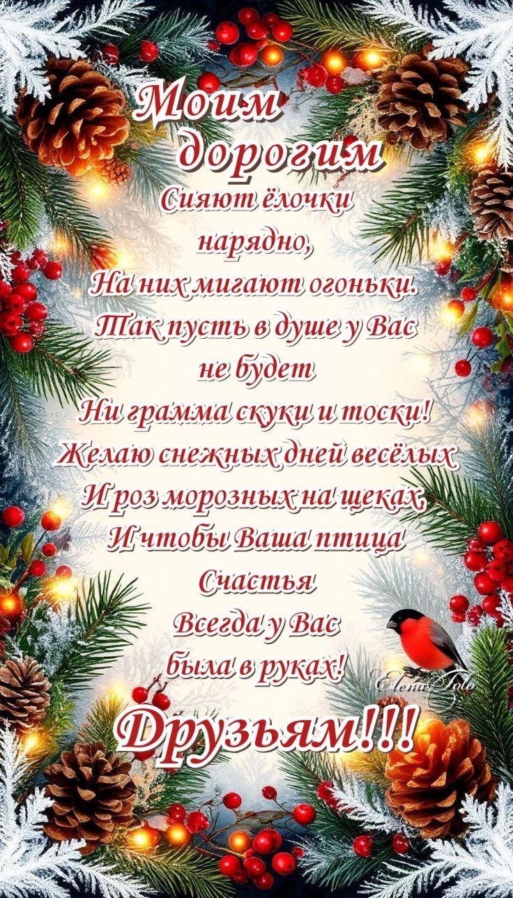 Моим дорогим
Сияют ёлочки нарядно,
На них мигают огоньки.
Так пусть в душе у Вас не будет
Ни грамма скуки и тоски!
Желаю снежных дней весёлых
И гроз морозных на щеках,
И чтобы ваша птица счастья
Всегда у Вас была в руках!
Друзьям!!!