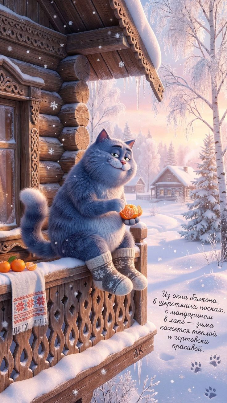 Из окна балкона, в шерстяных носках, с мандаринами на ладонях, зима кажется тёплой и очаровательной красивой.