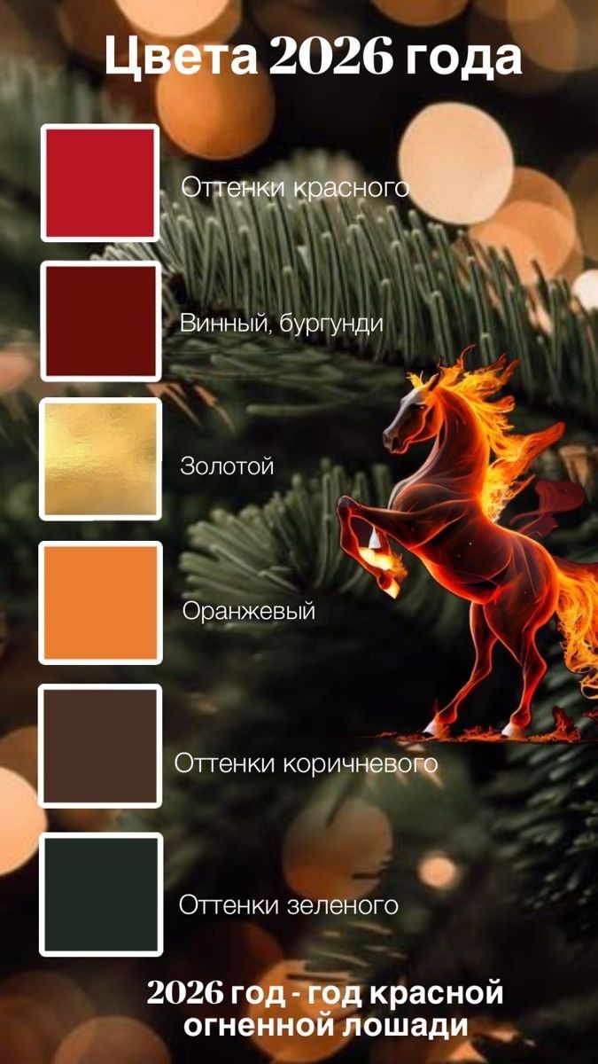 Цвета 2026 года
Оттенки красного
Винный, бургу́ндий
Золотой
Оранжевый
Оттенки коричневого
Оттенки зеленого
2026 год - год красной огненной лошади