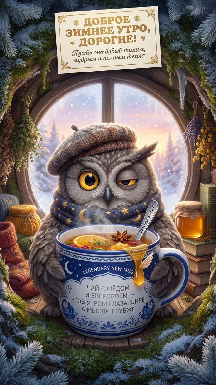 Доброе зимнее утро, дорогие! Пусть оно будет тихим, мудрым и полным тепла. Чай с медом и зверобоем — чтобы утро глаза шире, а мысли глубже.