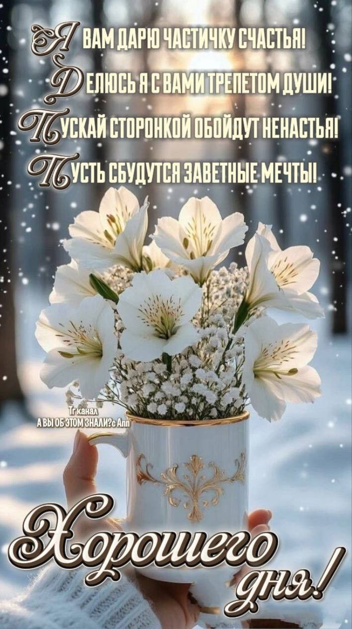 Я вам дарю частичку счастья! Делюсь с вами трепетом души! Пусть стороной обойдет ненастья! Пусть сбудутся заветные мечты! Хорошего дня!