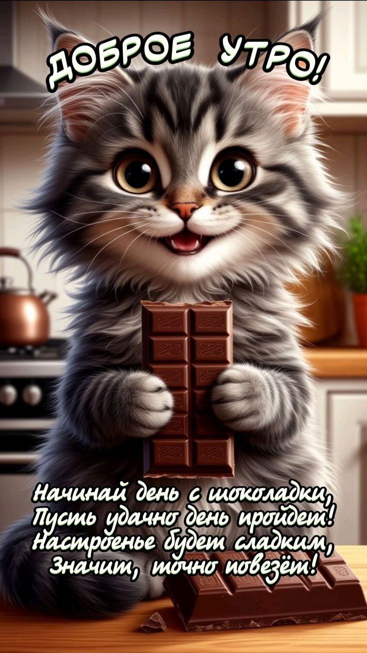 Доброе утро! Начинай день с шоколадкой, Пусть удачный день пройдет! Настроение будет сладким, Значит, точня повезёт!