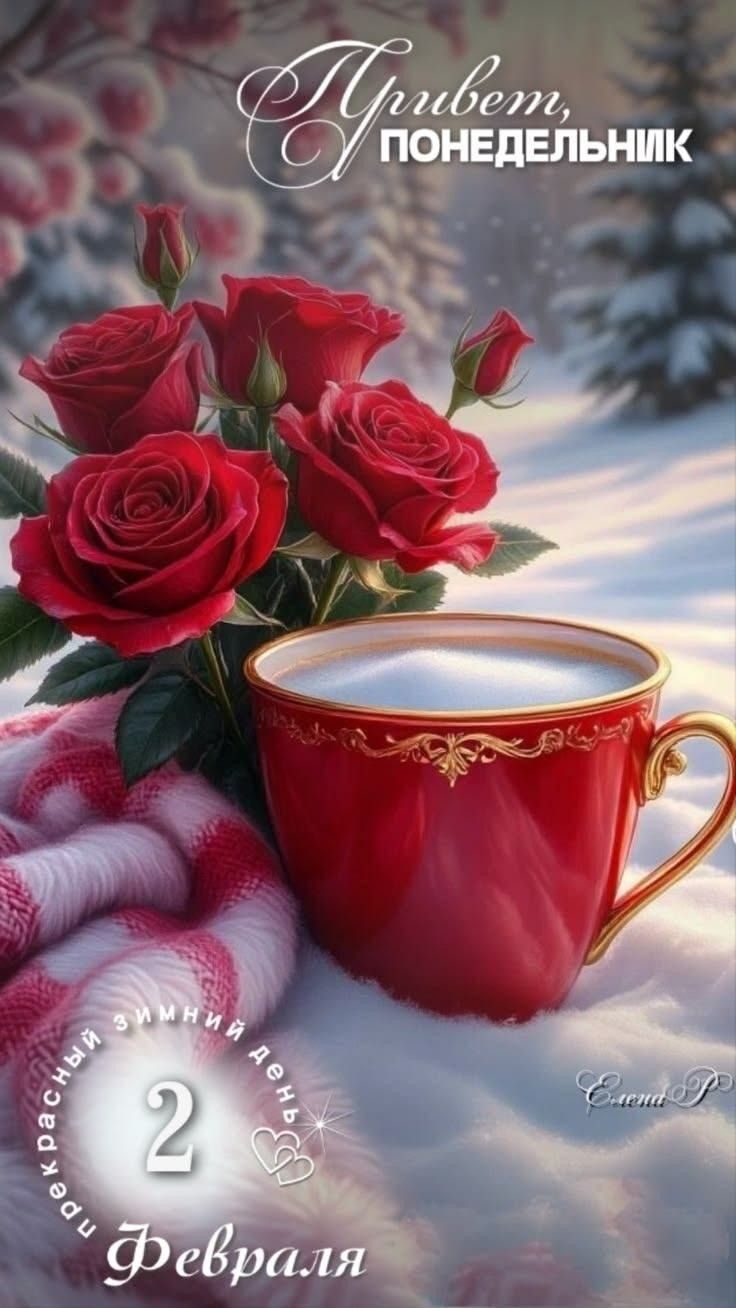Привет, понедельник. 2 февраля. Красные розы и красный чайник на заснеженном фоне.
