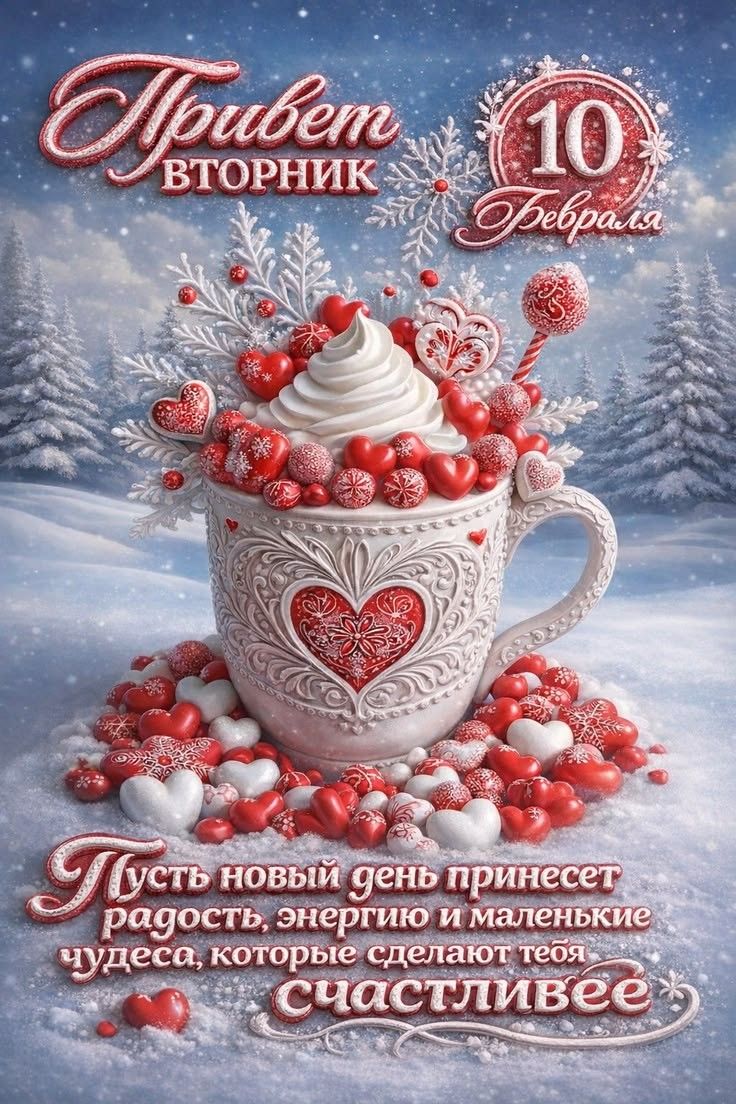 Привет вторник\n10 Февраля\nПусть новый день принесет радость, энергию и маленькие чудеса, которые сделают тебя счастливее