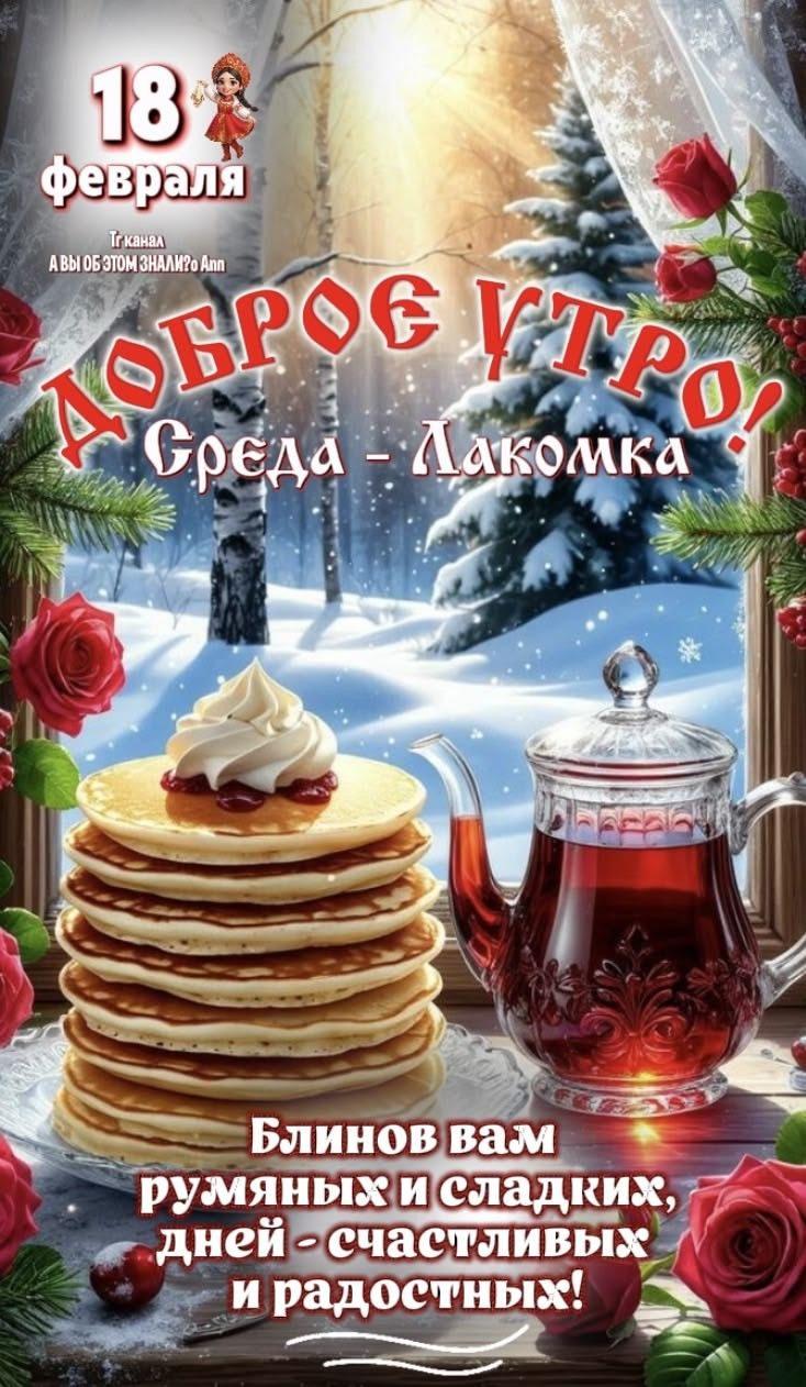 18 февраля. Доброе утро! Среда - лакомка. Блинов вам румяных и сладких, дней — счастливых и радостных!