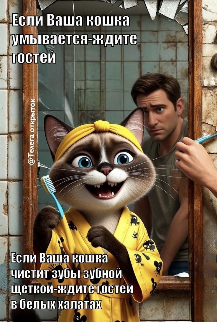 Если Ваша кошка умывается-ждите гостей\nЕсли Ваша кошка чистит зубы зубной щеткой- ждите гостей в Белых халатах